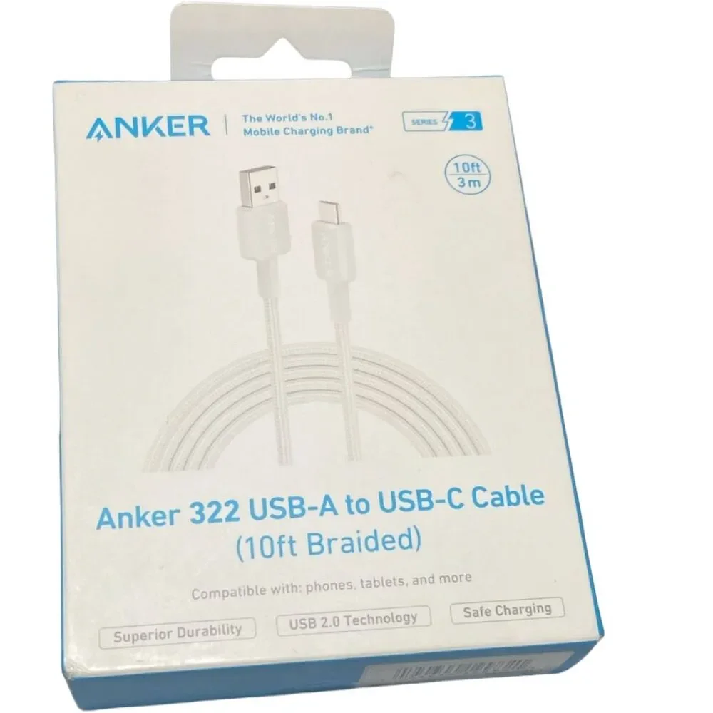 Anker 322 10ft USB-A to USB-C Braided Cable White, Fast Charge, New Open